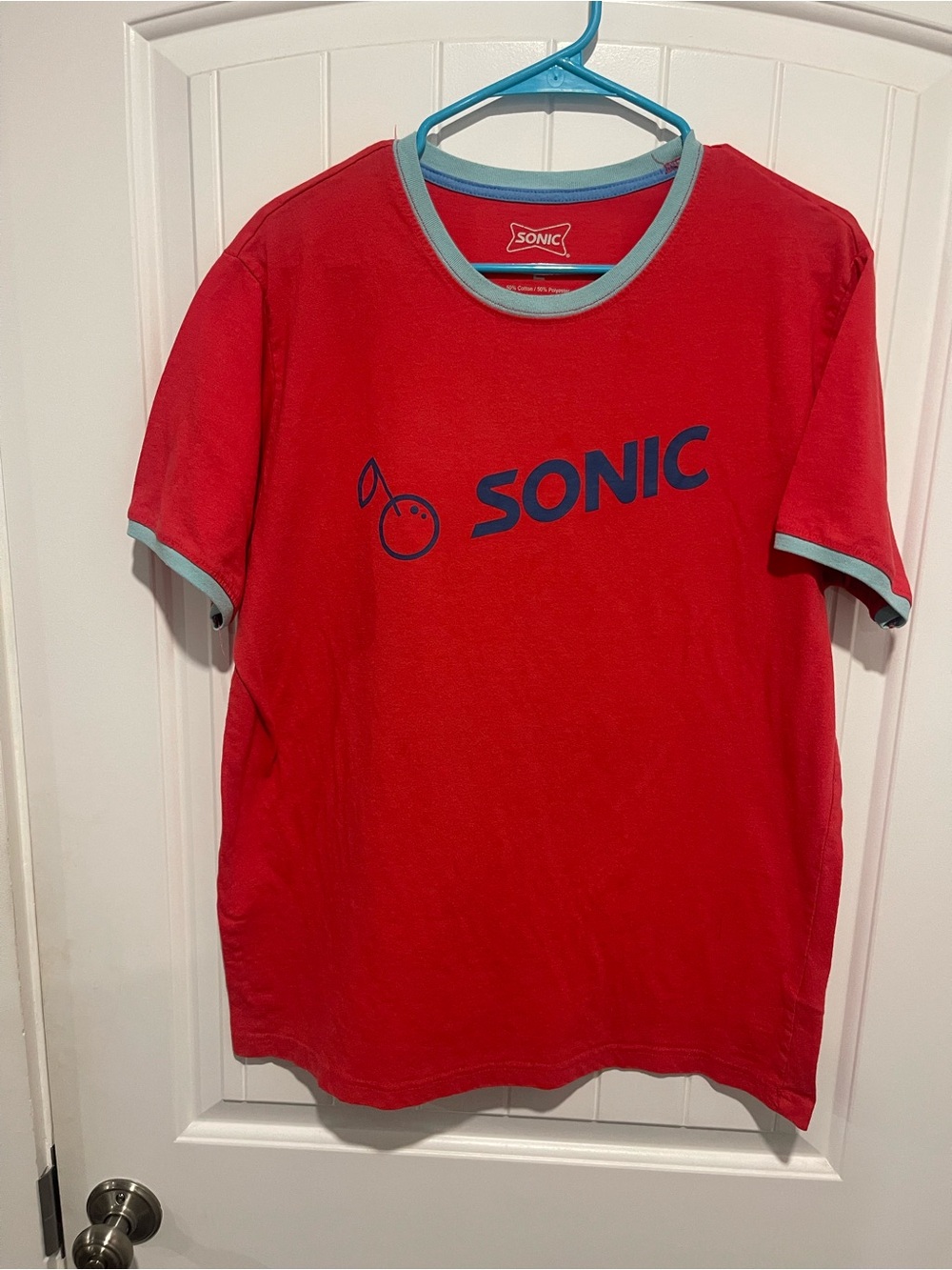 Sonic Drive-In Employee Ringer Tee Red Blue Cherry Logo L